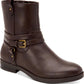 Botas femininas Style Company com fivela marrom e acolchoado, bico redondo, salto bloco e zíper, 9,5 m