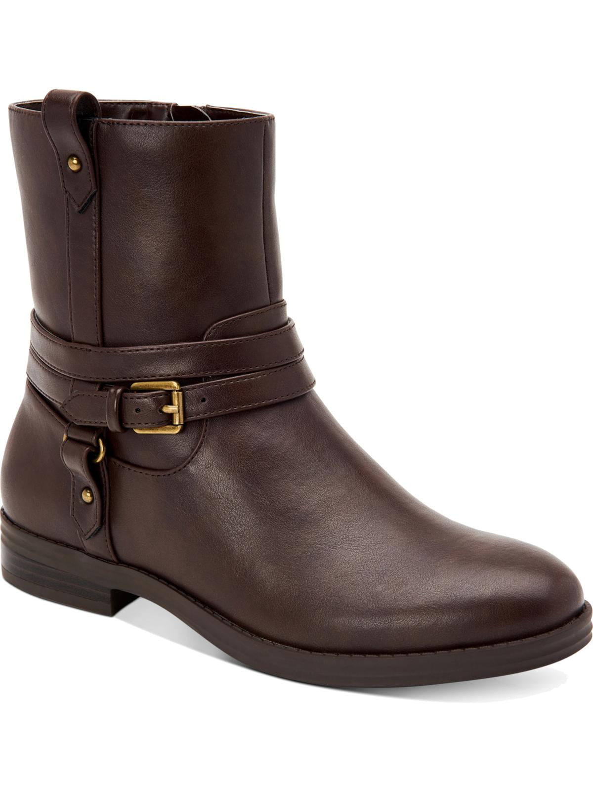 Botas femininas Style Company com fivela marrom e acolchoado, bico redondo, salto bloco e zíper, 9,5 m