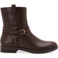 Botas femininas Style Company com fivela marrom e acolchoado, bico redondo, salto bloco e zíper, 9,5 m