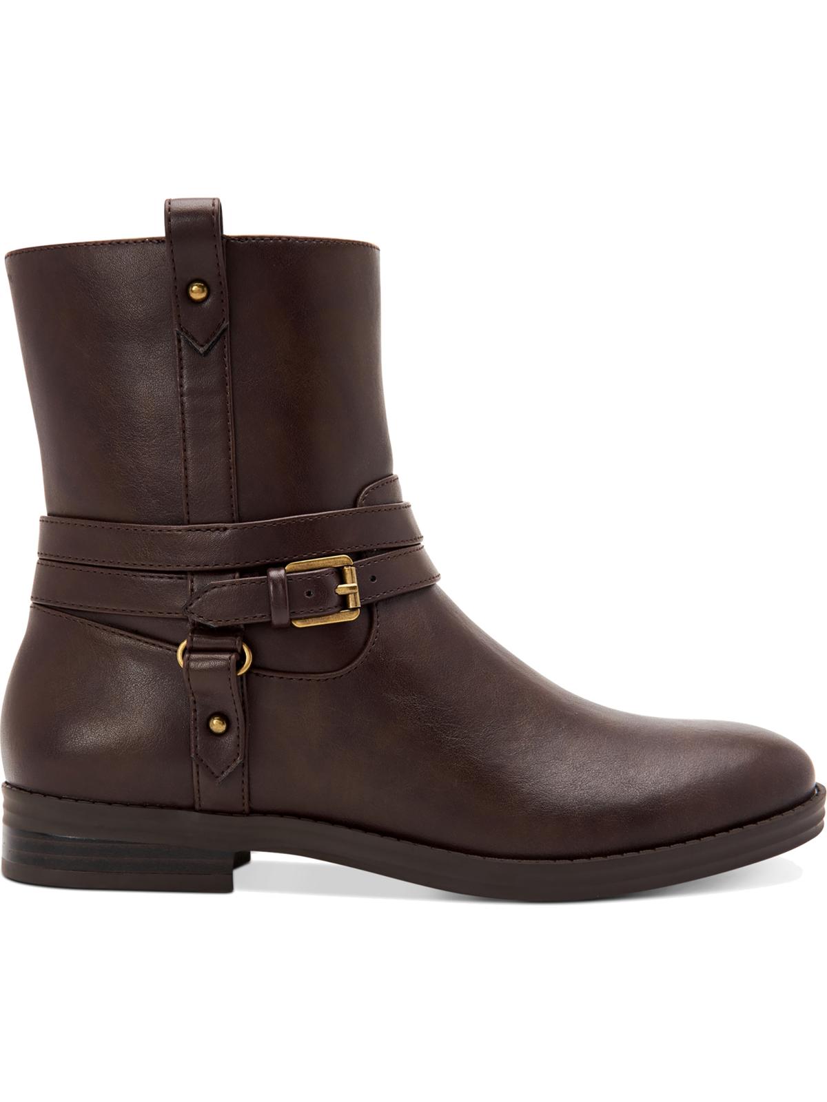 Botas femininas Style Company com fivela marrom e acolchoado, bico redondo, salto bloco e zíper, 9,5 m