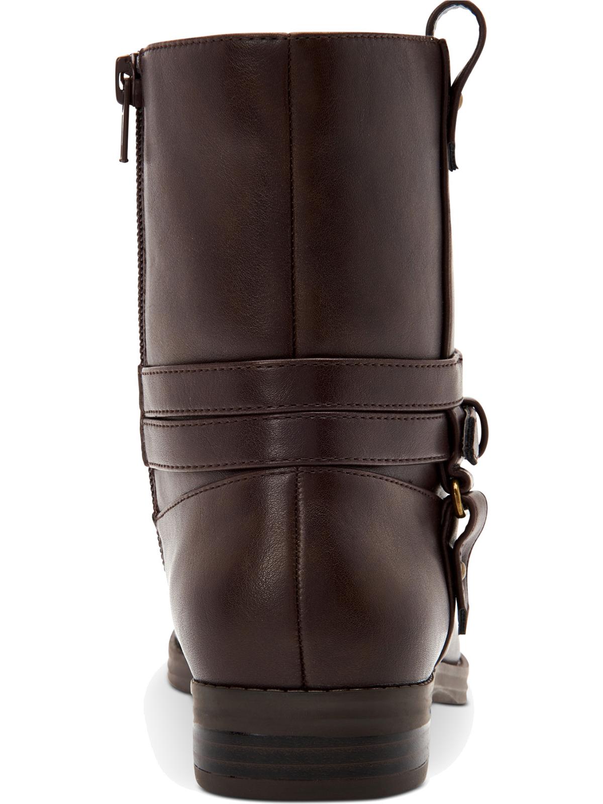 Botas femininas Style Company com fivela marrom e acolchoado, bico redondo, salto bloco e zíper, 9,5 m