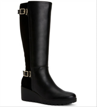 Giani Bernini Women's Buckle Accent Round Toe Wedge Zip up Dress Heeled Boots Black Size 8 M