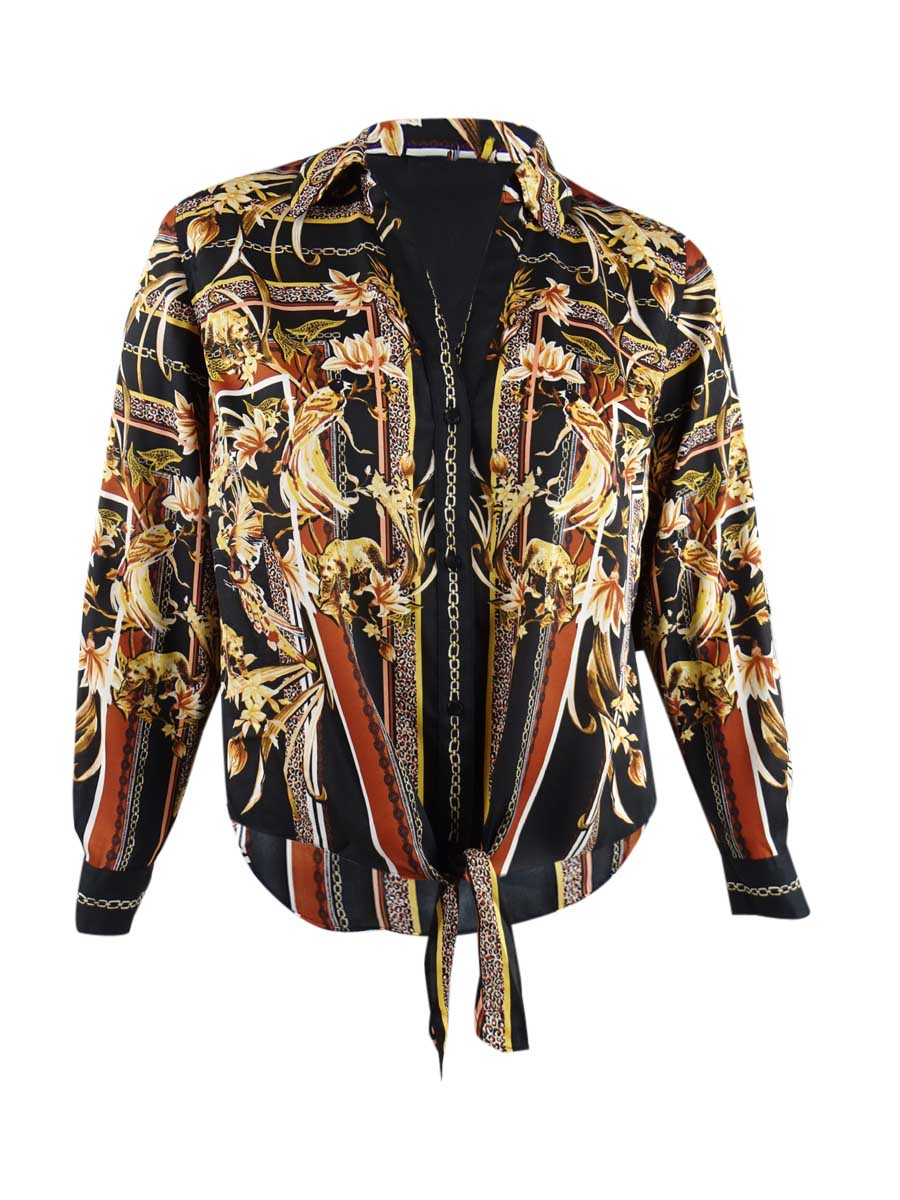 Blusa feminina plus size estampada com amarração frontal, preta, tamanho 0X