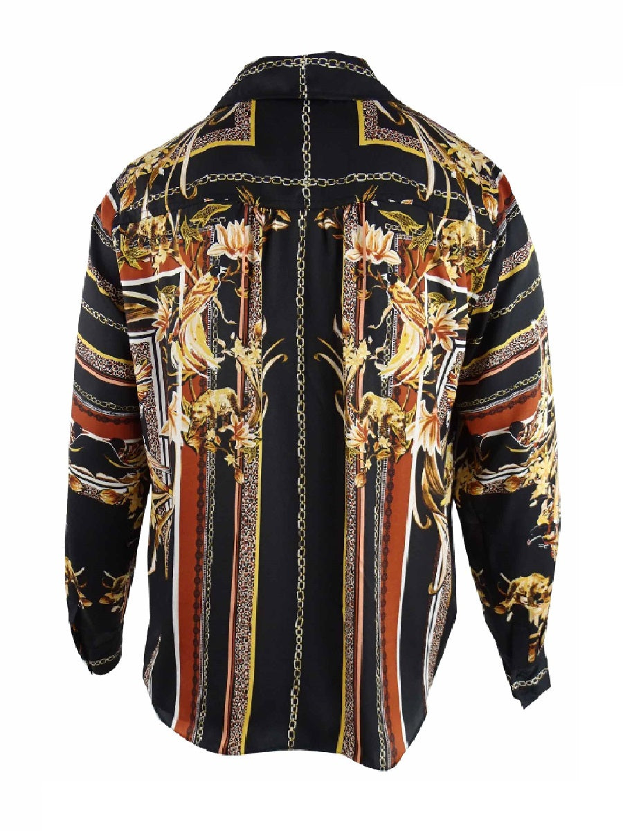 Blusa feminina plus size estampada com amarração frontal, preta, tamanho 0X