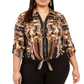 Blusa feminina plus size estampada com amarração frontal, preta, tamanho 0X
