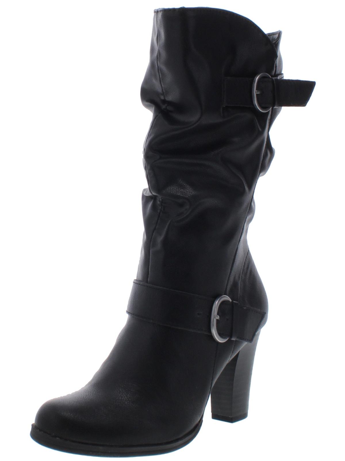 Botas femininas estilo &amp; co com salto bloco e fivela e bico amendoado, tamanho 5 M, pretas
