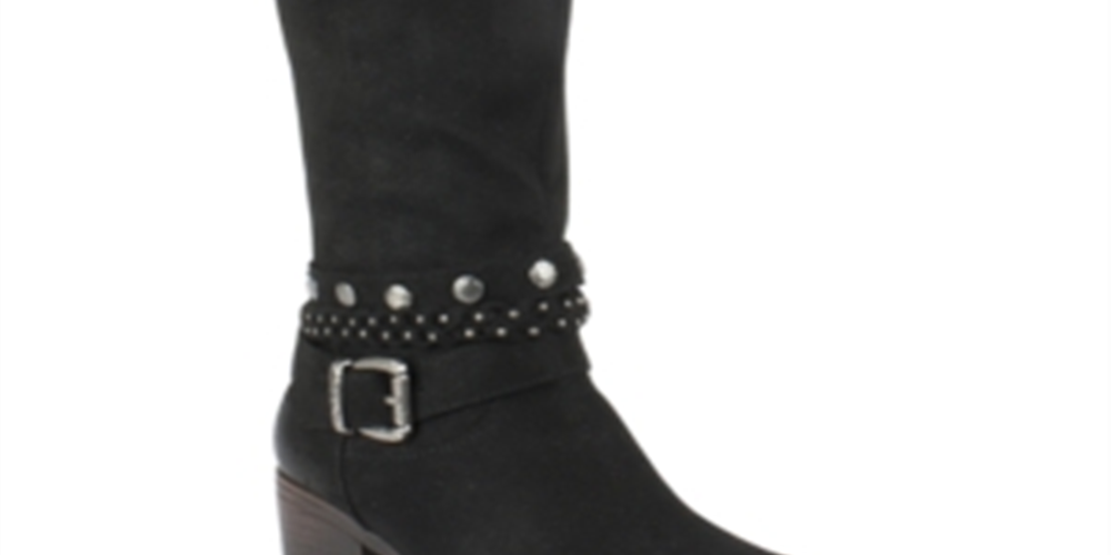 Botas femininas White Mountain com tiras elásticas Gore Woven, com tachas, inspiradas no estilo western, com tiras acolchoadas, Paulina, bico redondo, salto bloco e zíper, pretas, tamanho 5 M