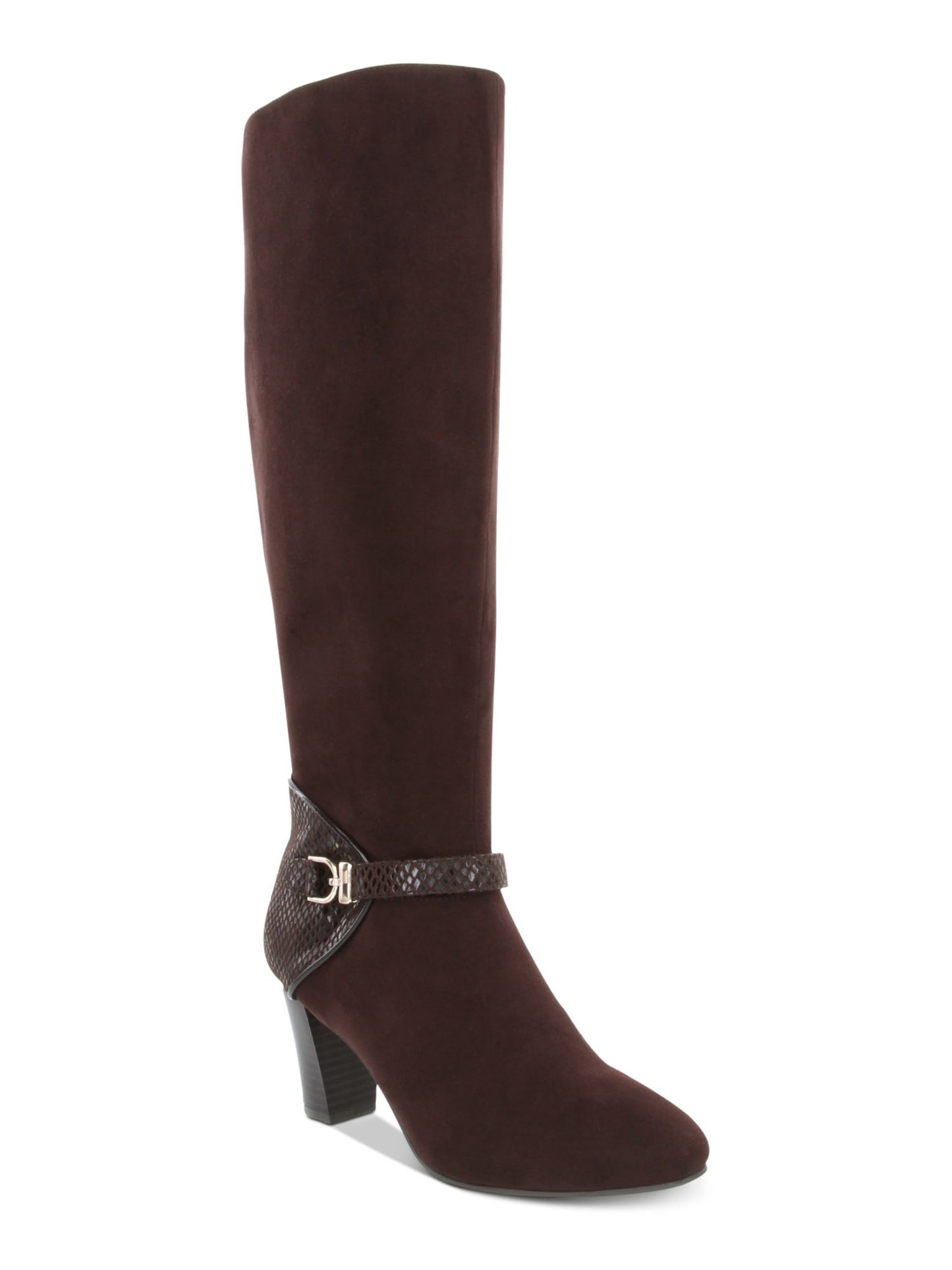 Karen Scott Botas Femininas com Estampa de Cobra, Fivela Acolchoada, Biqueira Amêndoa Sharonn, Salto Bloco e Zíper, Marrom, Tamanho 8 M