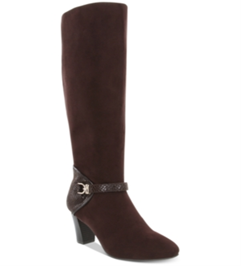 Karen Scott Botas Femininas com Estampa de Cobra, Fivela Acolchoada, Biqueira Amêndoa Sharonn, Salto Bloco e Zíper, Marrom, Tamanho 8 M