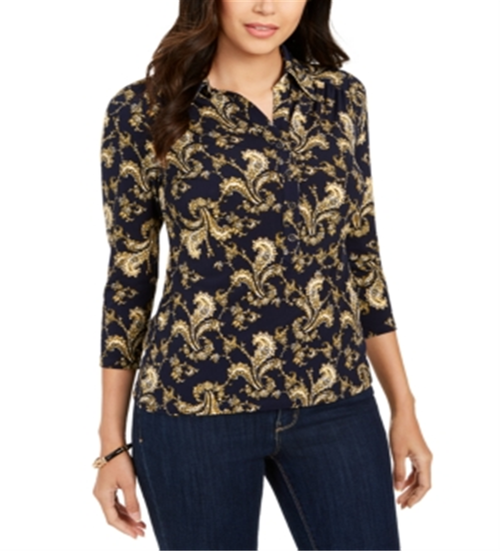 Camisa polo feminina estampada Charter Club com manga 3/4, azul, tamanho XX-G