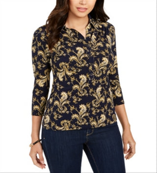 Camisa polo feminina estampada Charter Club com manga 3/4, azul, tamanho XX-G