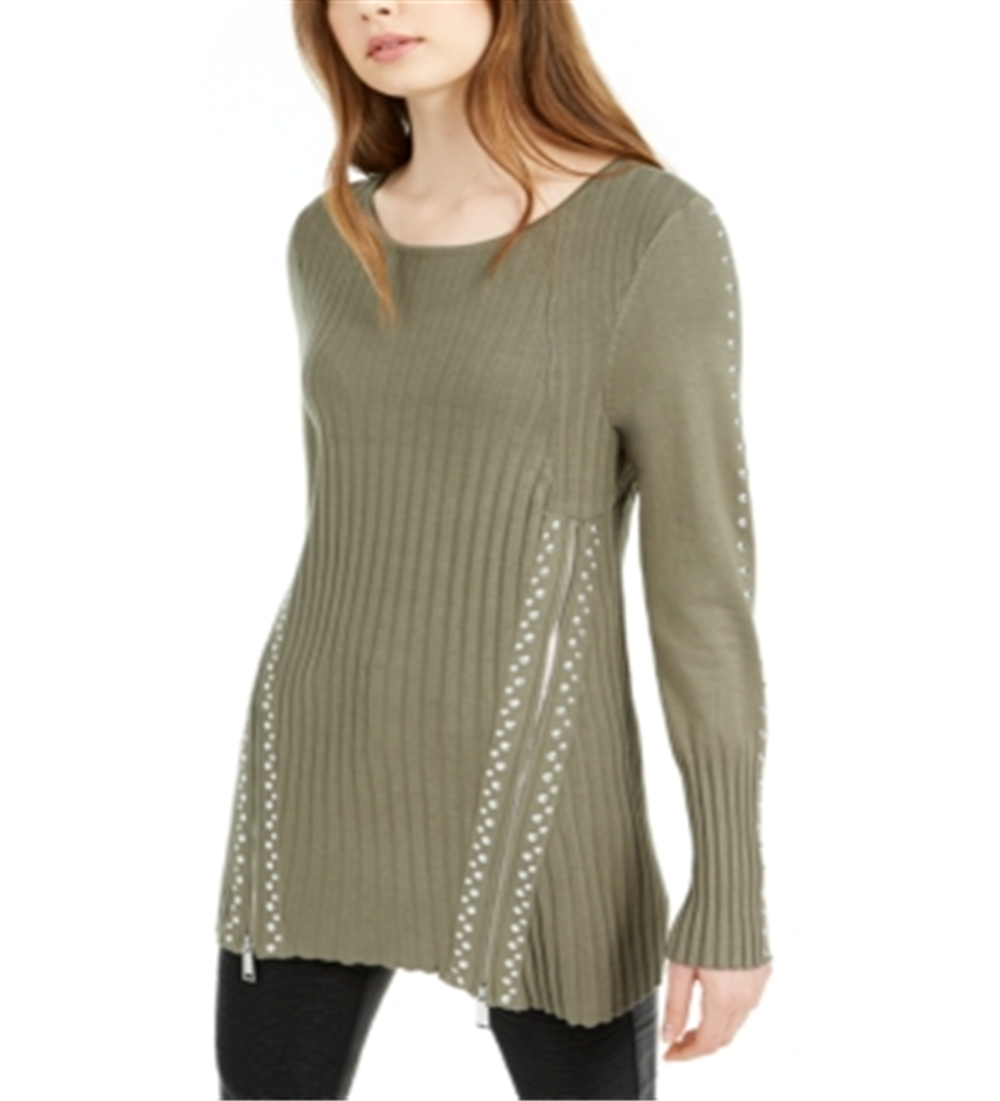 Suéter feminino com zíper e tachas Bar III, verde, tamanho médio
