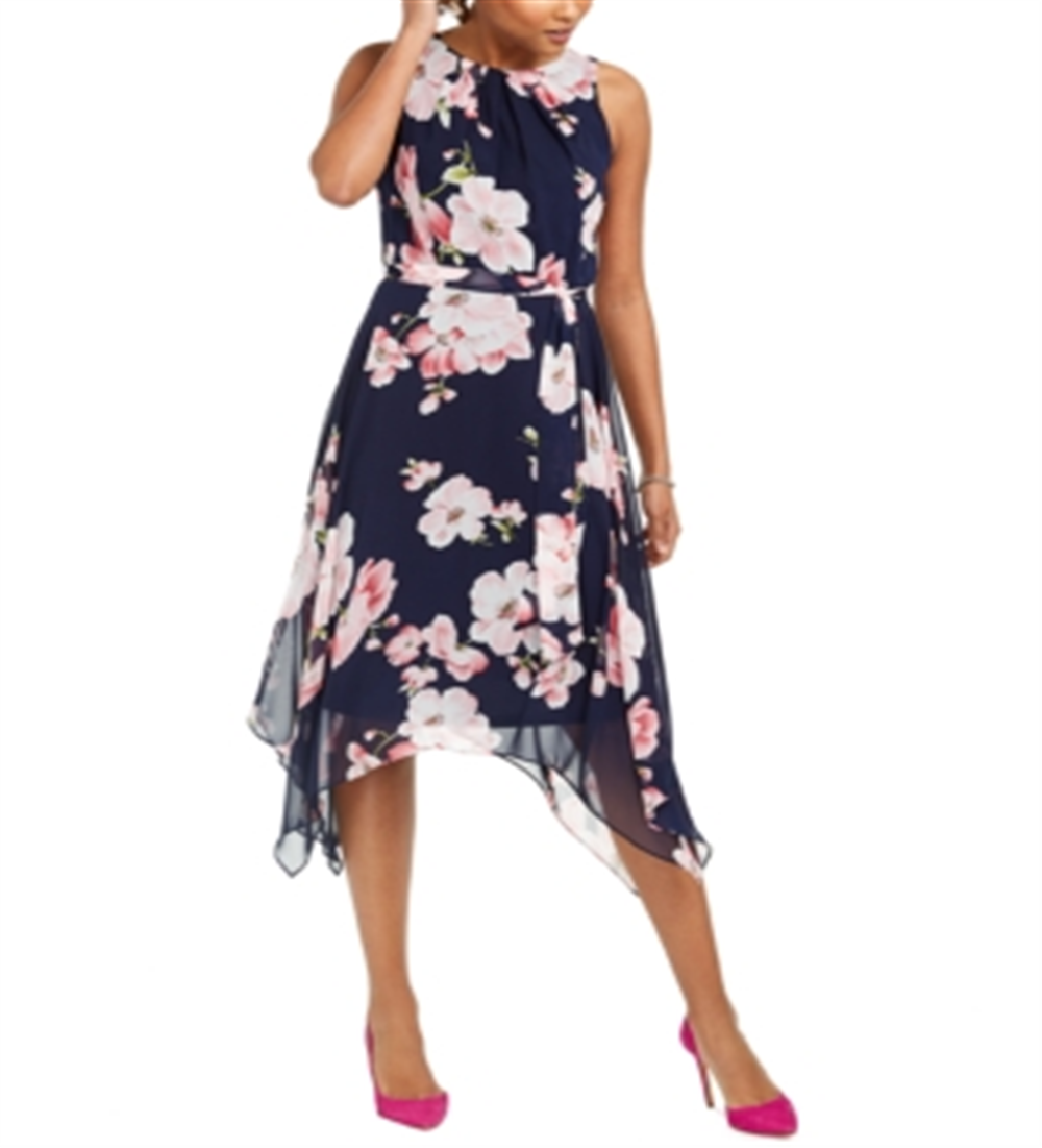 Vestido midi com estampa floral feminino Jessica Howard, azul, tamanho 4, pequeno