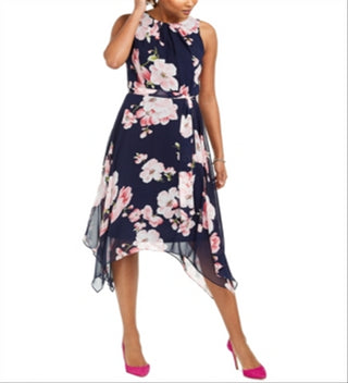 Vestido midi com estampa floral feminino Jessica Howard, azul, tamanho 4, pequeno