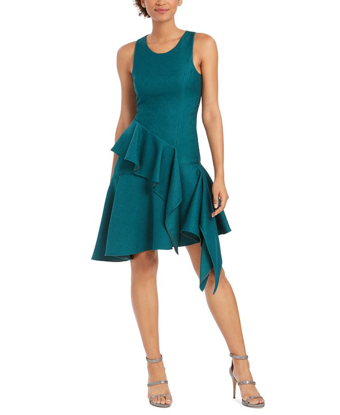 Vestido assimétrico com babados e corte A feminino Natori, azul, tamanho 4