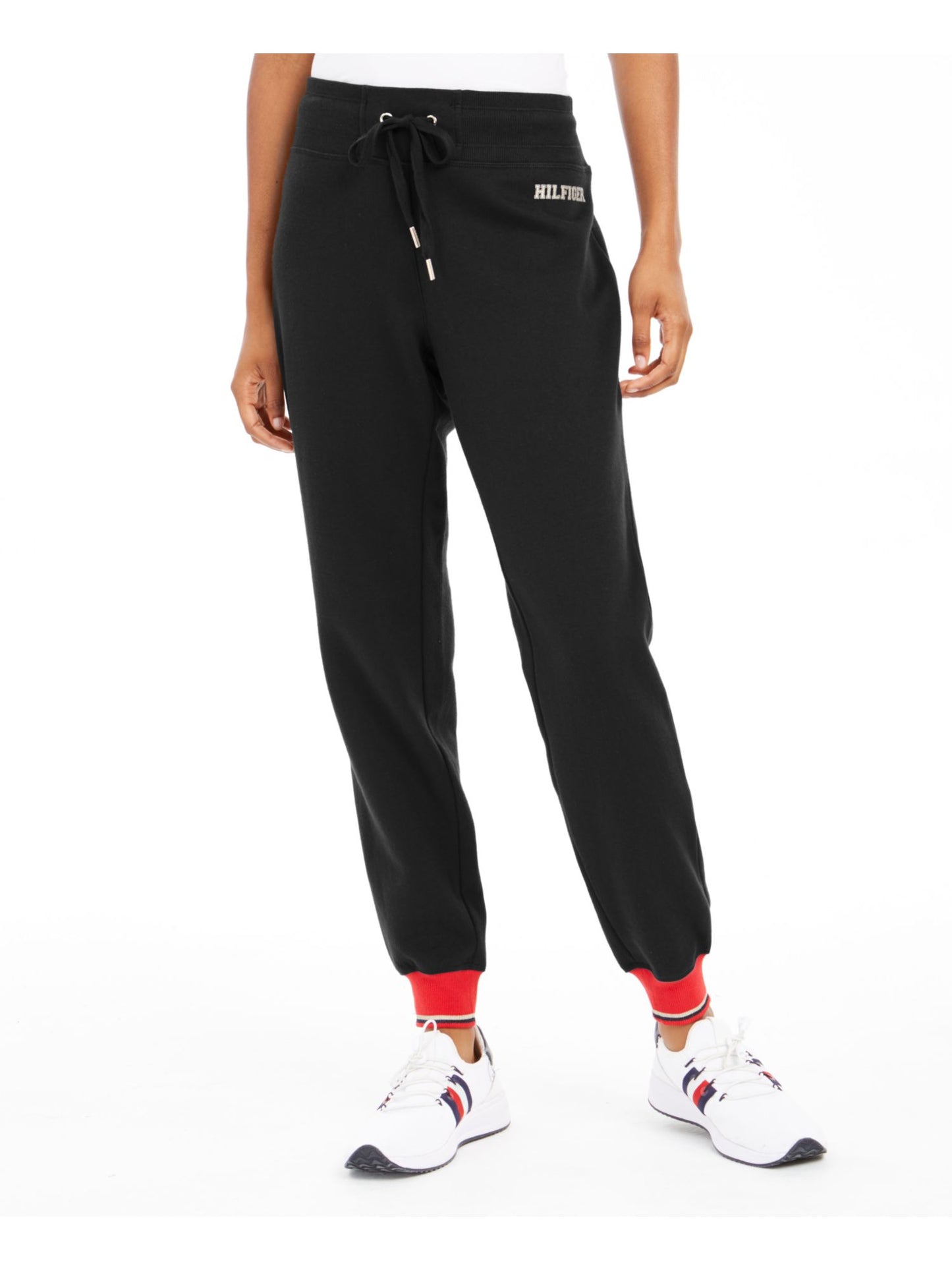Calça de moletom esportiva feminina Tommy Hilfiger Sport Fleece Varsity, preta, tamanho grande