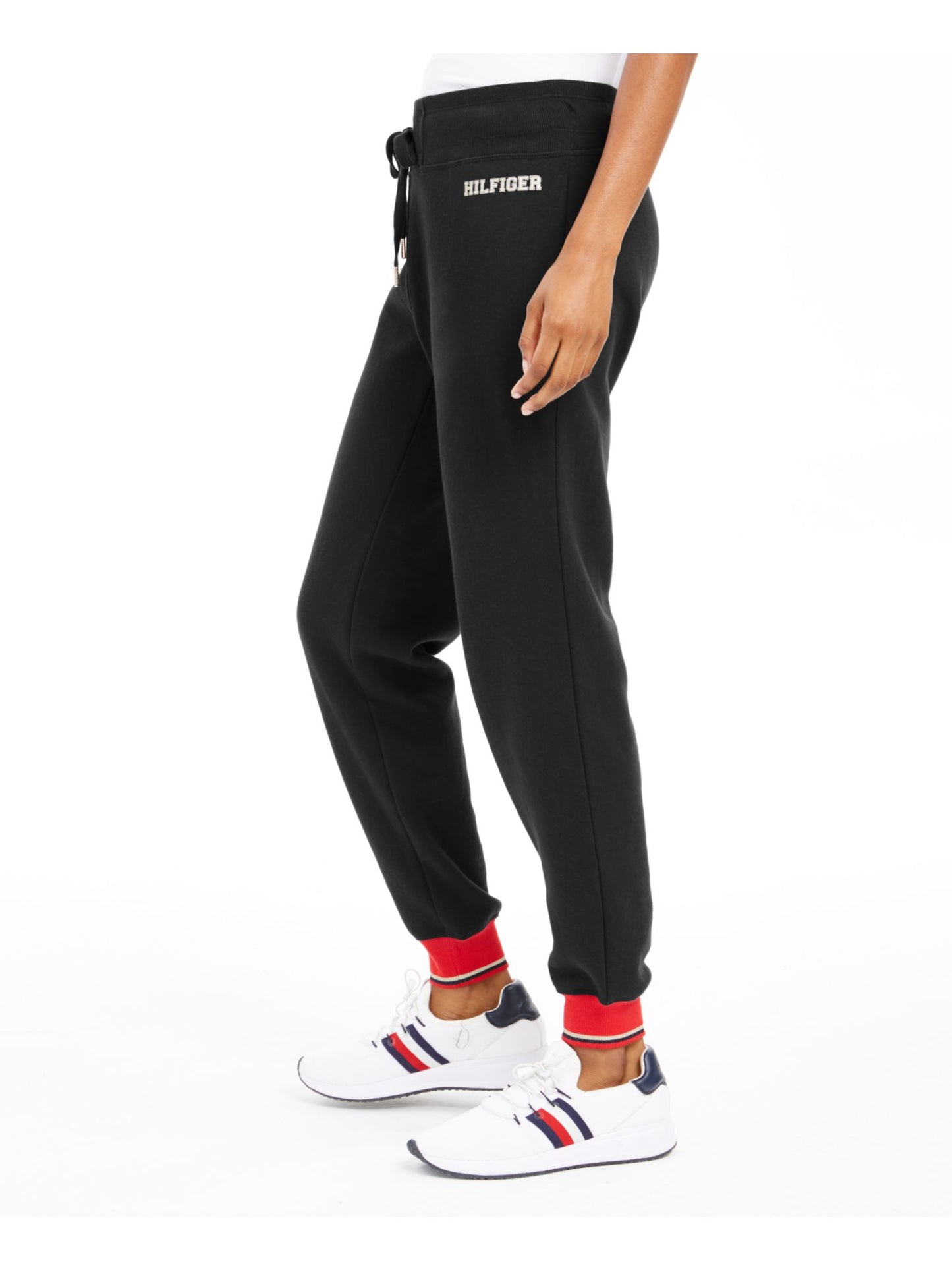 Calça de moletom esportiva feminina Tommy Hilfiger Sport Fleece Varsity, preta, tamanho grande