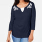 Camiseta feminina Karen Scott estampada com manga 3/4 e gola redonda, blusa de noite azul, tamanho pequeno médio