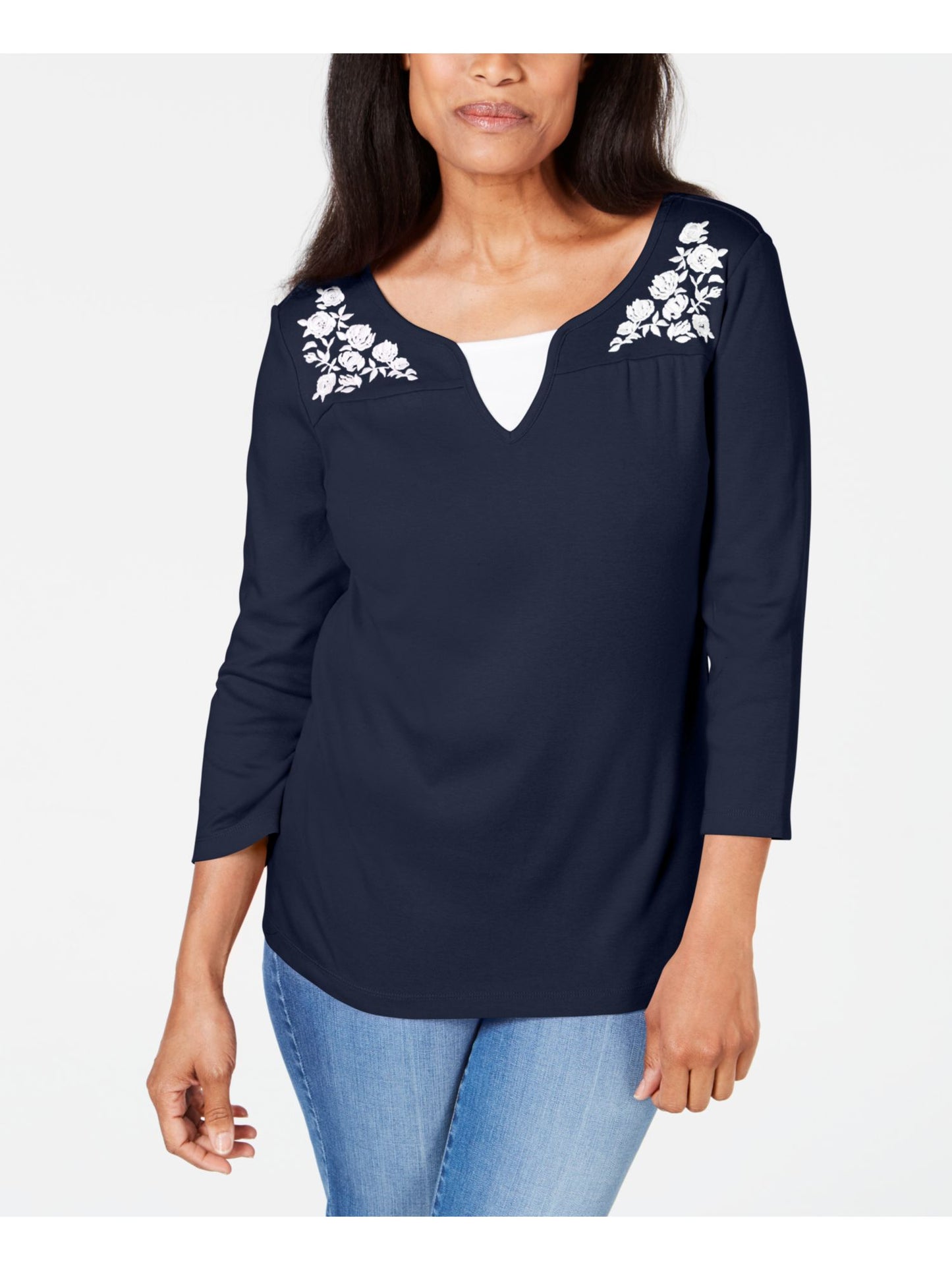 Camiseta feminina Karen Scott estampada com manga 3/4 e gola redonda, blusa de noite azul, tamanho pequeno médio