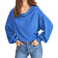 Blusa feminina de manga comprida mesclada e gola redonda, azul, tamanho pequeno