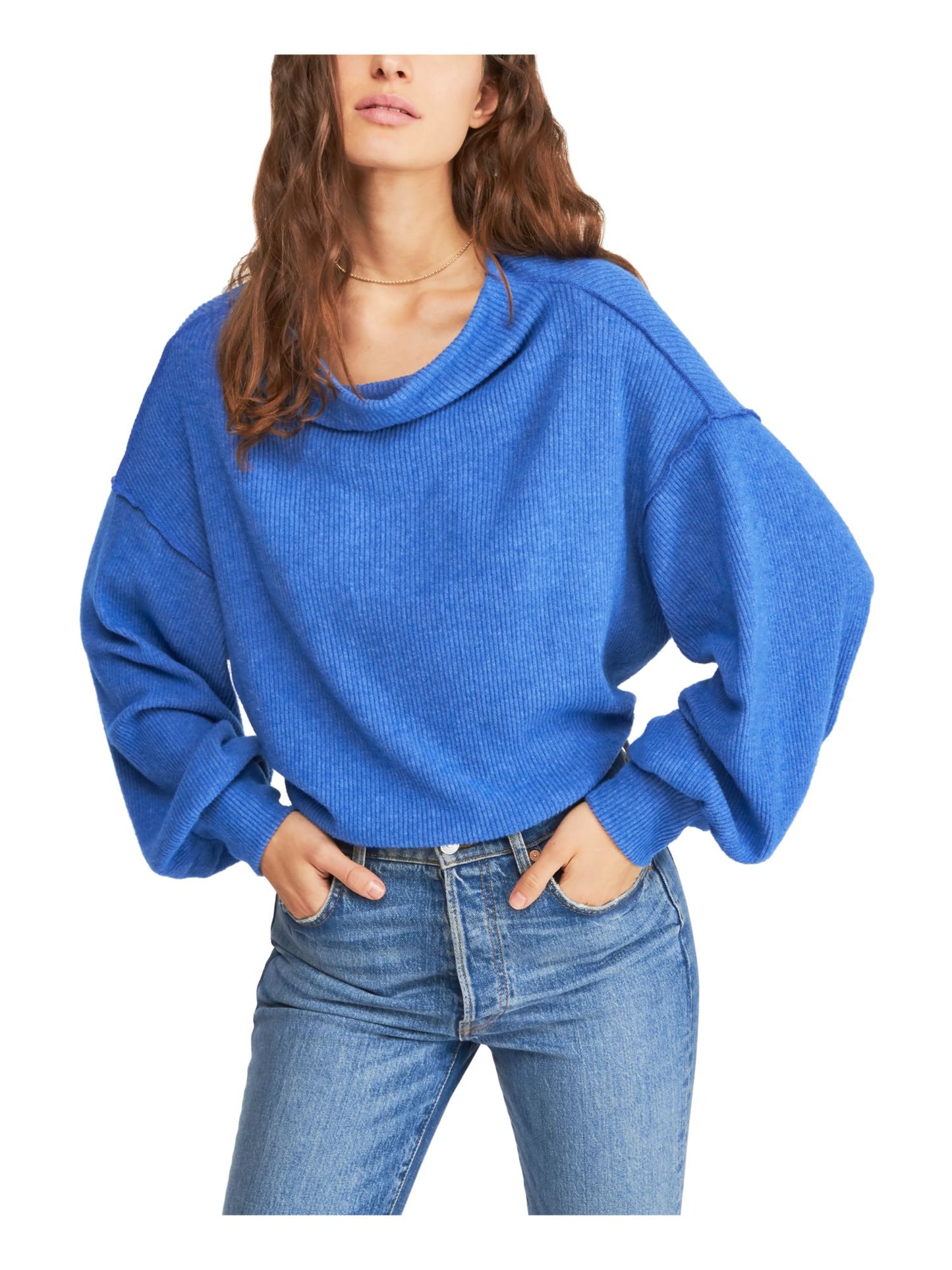 Blusa feminina de manga comprida mesclada e gola redonda, azul, tamanho pequeno