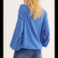 Blusa feminina de manga comprida mesclada e gola redonda, azul, tamanho pequeno