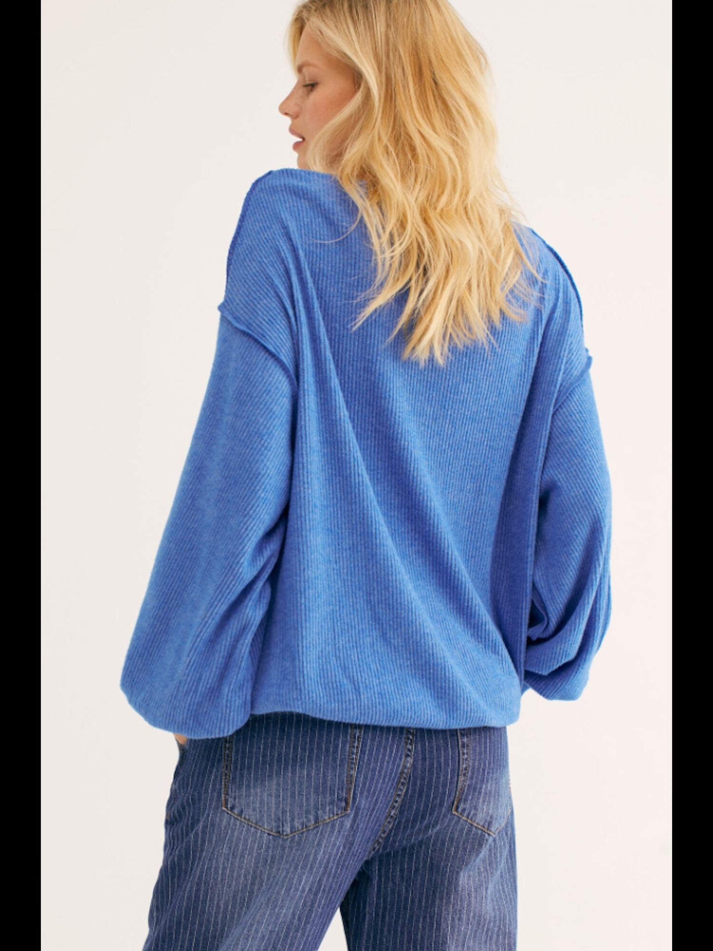 Blusa feminina de manga comprida mesclada e gola redonda, azul, tamanho pequeno
