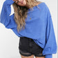 Blusa feminina de manga comprida mesclada e gola redonda, azul, tamanho pequeno