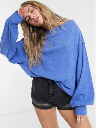 Blusa feminina de manga comprida mesclada e gola redonda, azul, tamanho pequeno