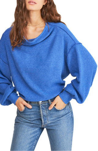 Blusa feminina de manga comprida mesclada e gola redonda, azul, tamanho pequeno