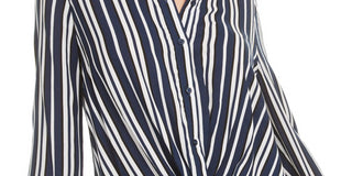 Camisa feminina listrada com botões frontais torcidos Bar III, azul, tamanho pequeno