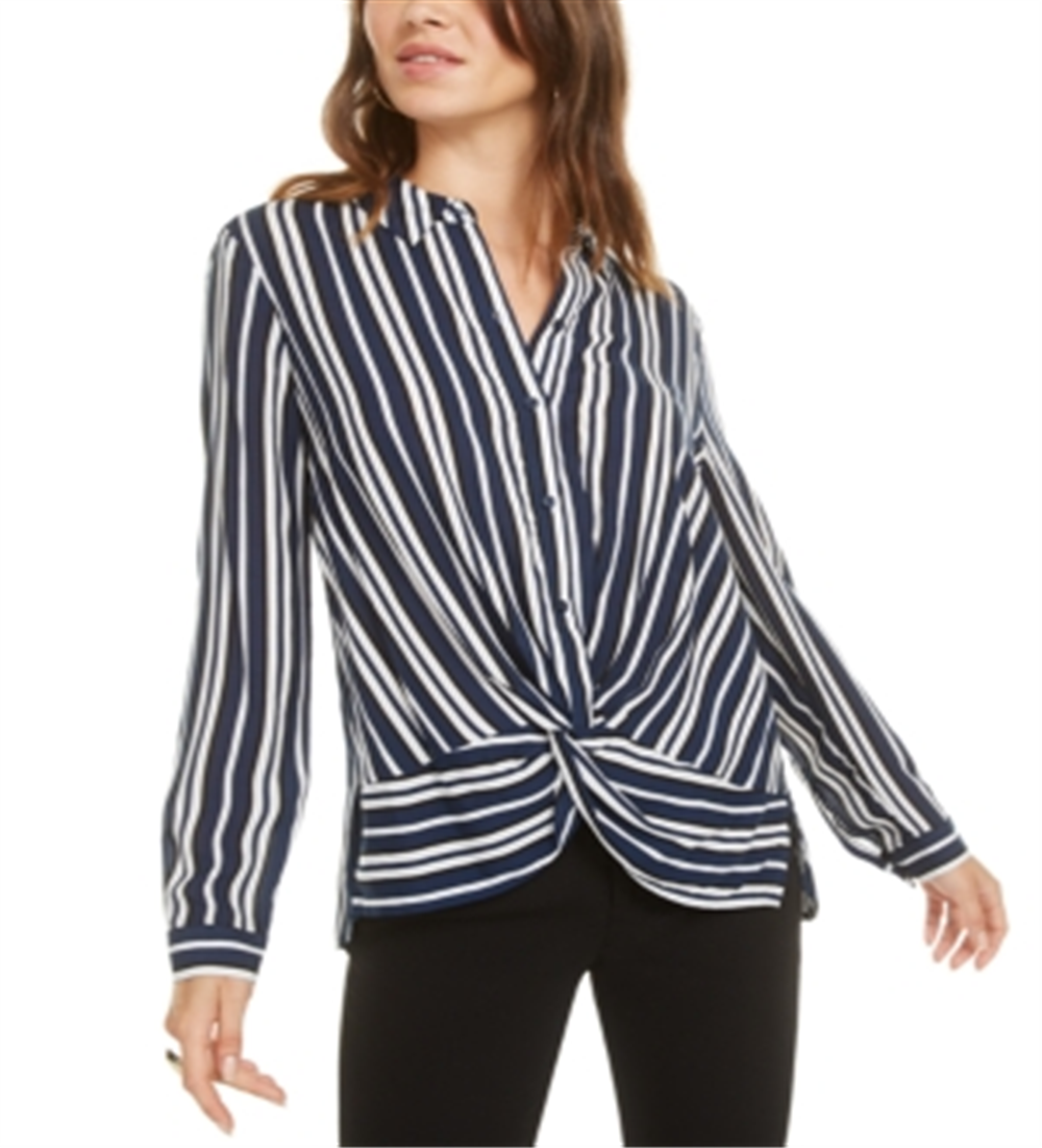 Camisa feminina listrada com botões frontais torcidos Bar III, azul, tamanho pequeno