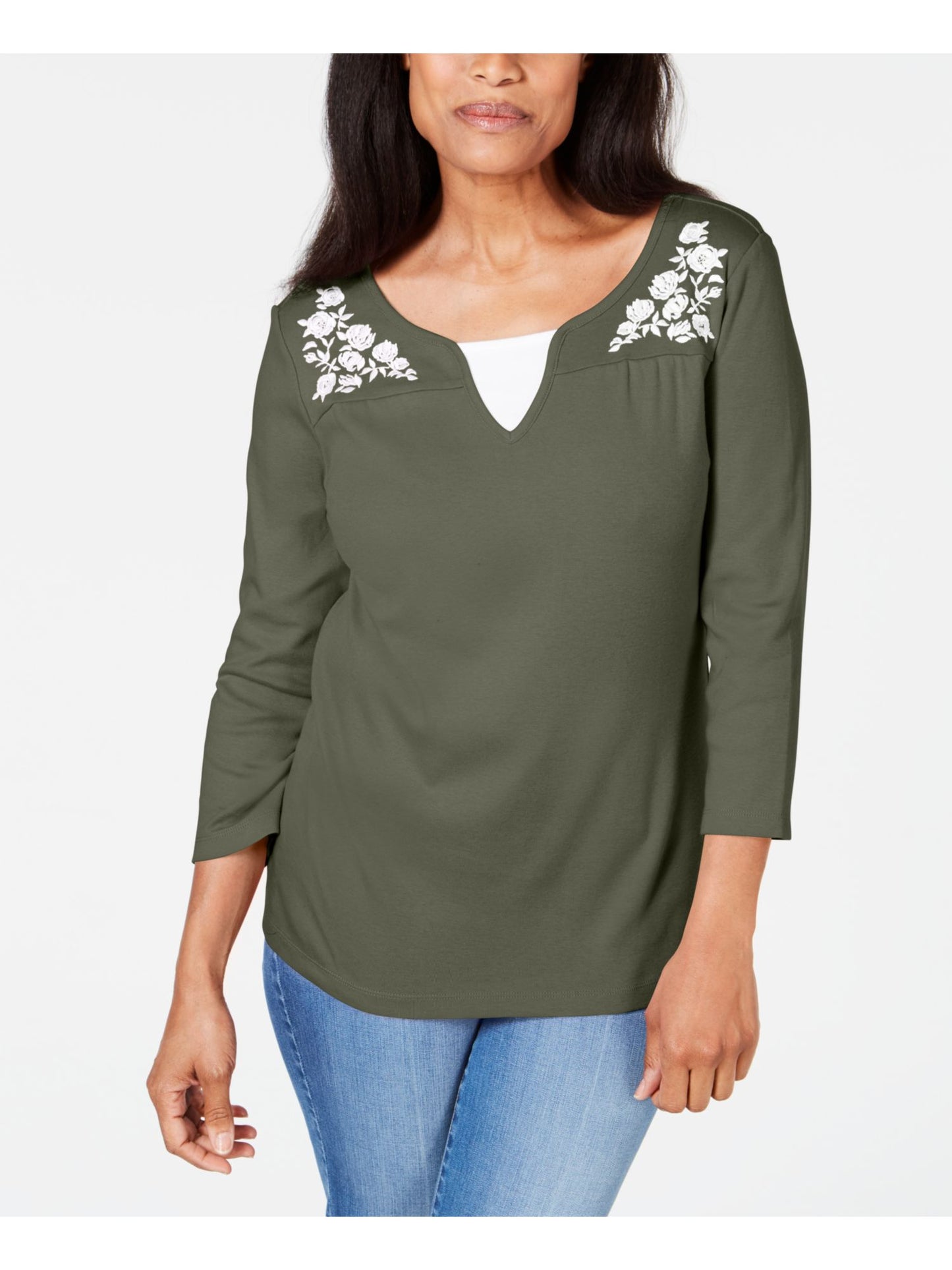 Camiseta feminina Karen Scott estampada com manga 3/4 e gola redonda, blusa de noite, verde, tamanho pequeno grande