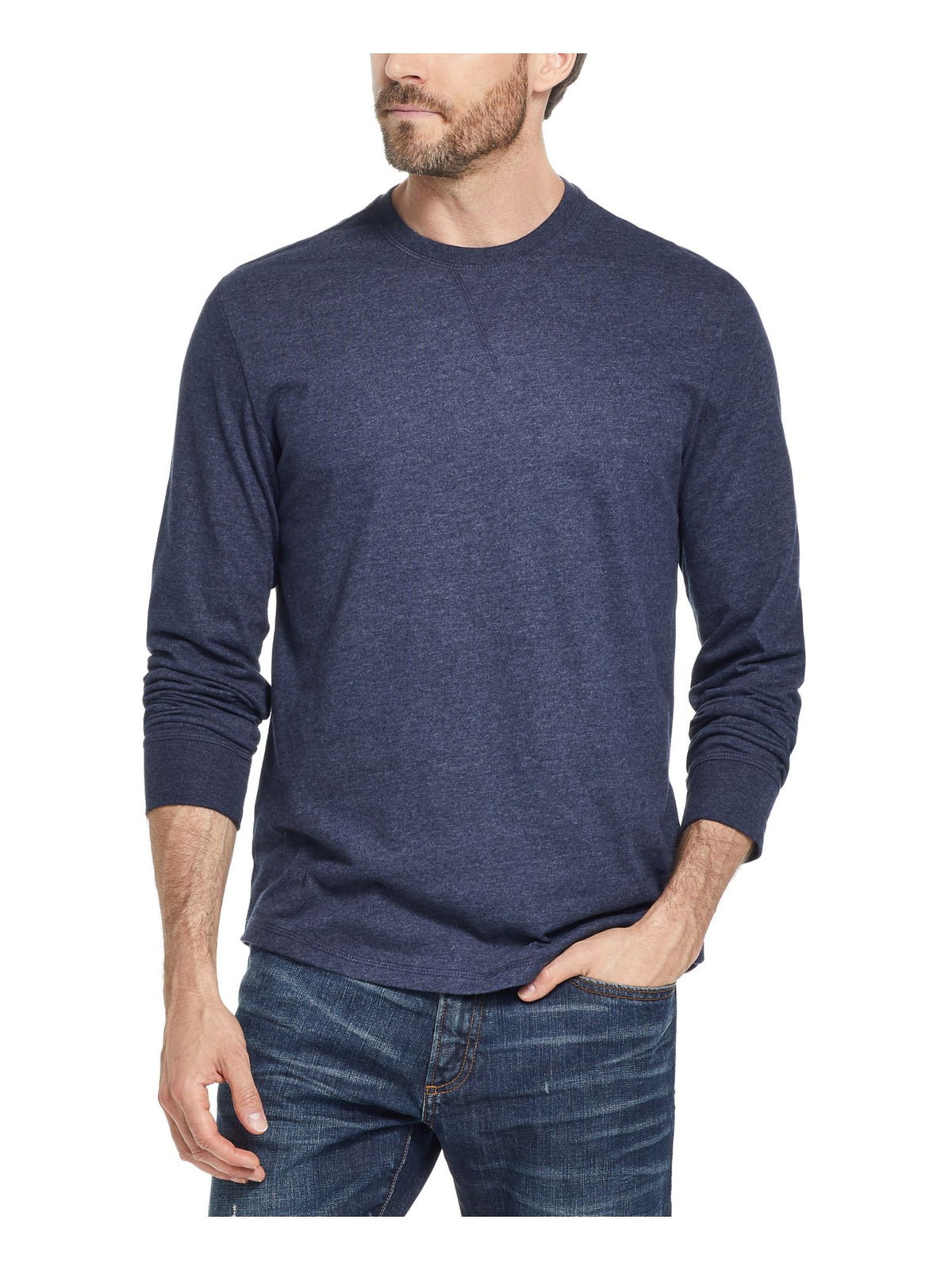 Suéter masculino vintage de manga comprida, gola redonda, ajuste clássico, azul, tamanho pequeno
