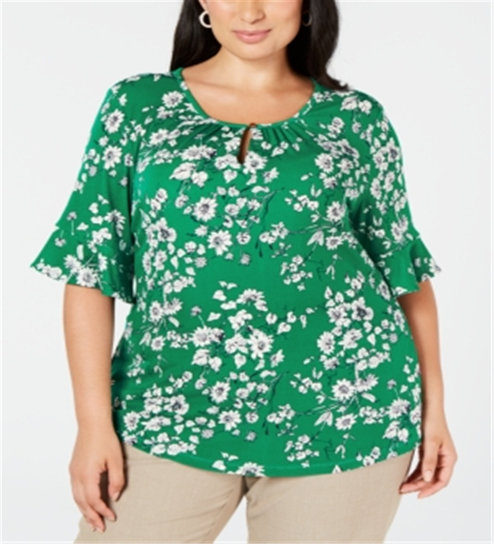 Top feminino estampado com decote em V verde tamanho 0X da Charter Club