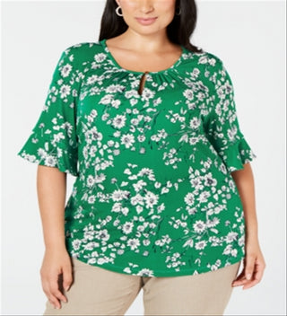 Top feminino estampado com decote em V verde tamanho 0X da Charter Club