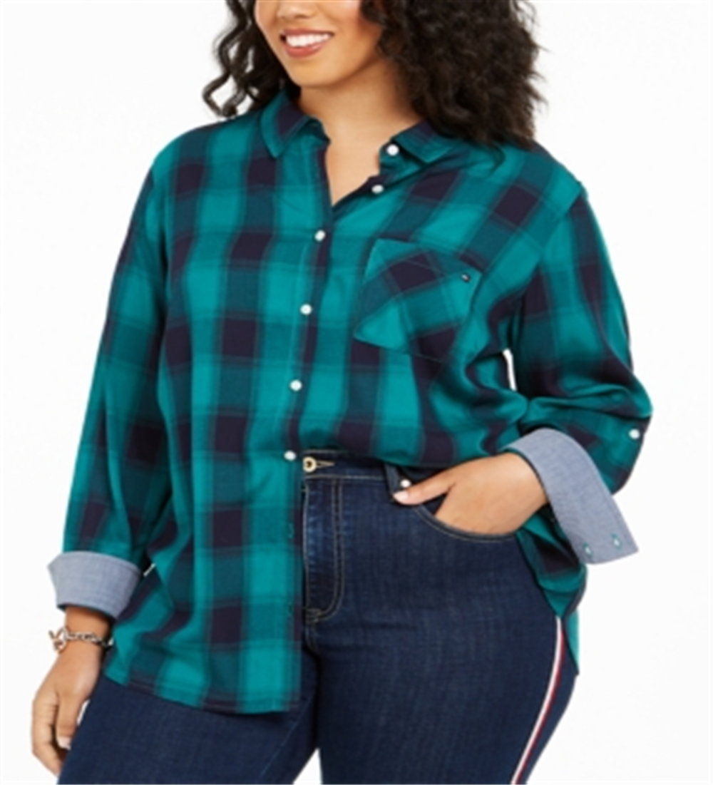 Camisa xadrez feminina Tommy Hilfiger Plus, verde, tamanho 2XL