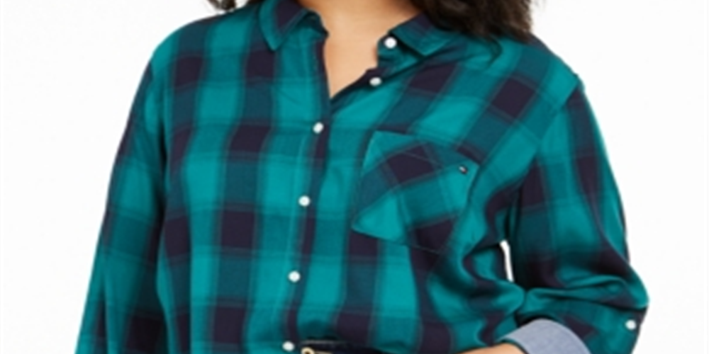 Camisa xadrez feminina Tommy Hilfiger Plus, verde, tamanho 2XL