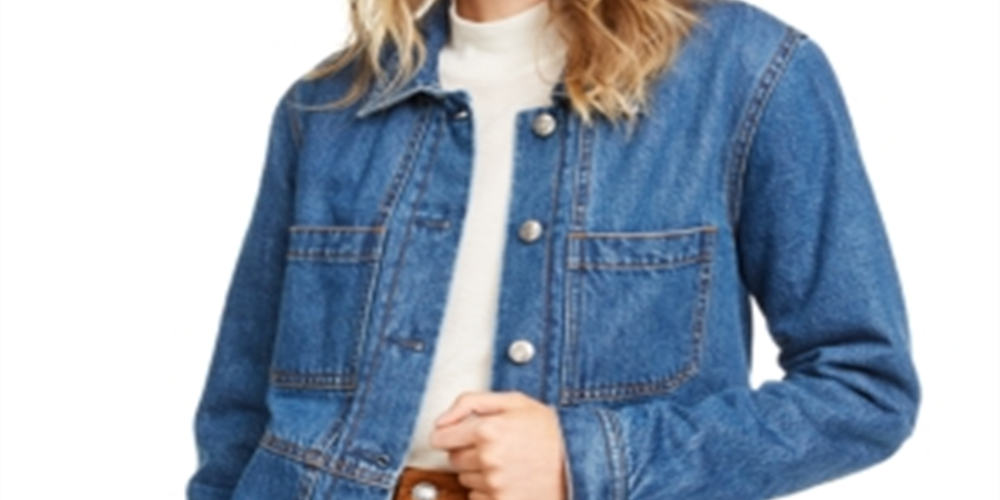 Jaqueta jeans feminina Oat com bolsos e forro Sherpa, azul, tamanho XS