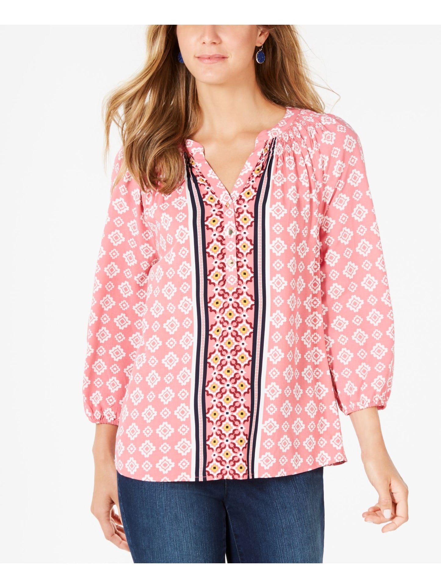 Charter Club Blusa feminina estampada com punho e gola redonda, tamanho médio, rosa