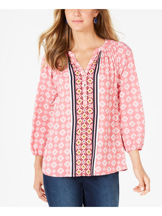 Charter Club Blusa feminina estampada com punho e gola redonda, tamanho médio, rosa