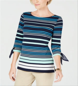 Blusa feminina listrada com manga amarrada Charter Club, azul, tamanho XX-G