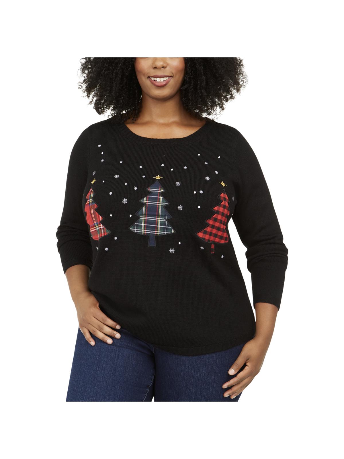 Karen Scott Suéter Feminino Plus Size Gola Redonda Árvore de Natal Preto Tamanho 1X