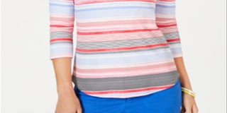 Charter Club Top feminino listrado de algodão Pima com botões e ombros, rosa, tamanho extragrande