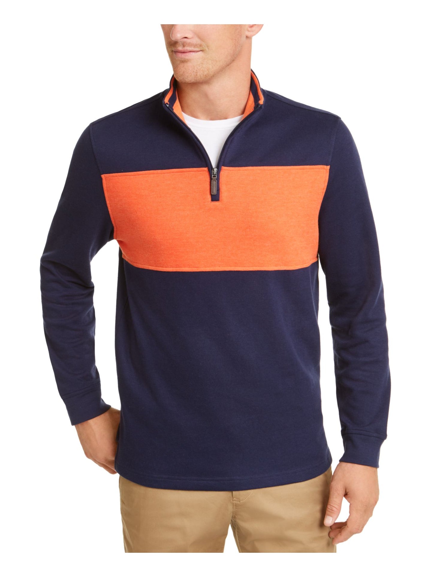 Suéter masculino Club Room com estampa de blocos de cores, ajuste clássico, zíper de um quarto, azul, tamanho médio