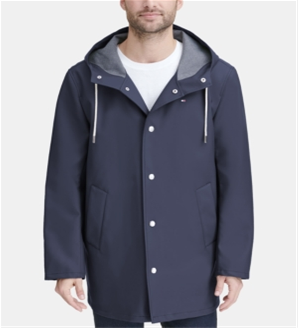 Tommy Hilfiger Masculino Emborrachado PU Comprimento Médio Com Capuz Azul Tamanho Médio