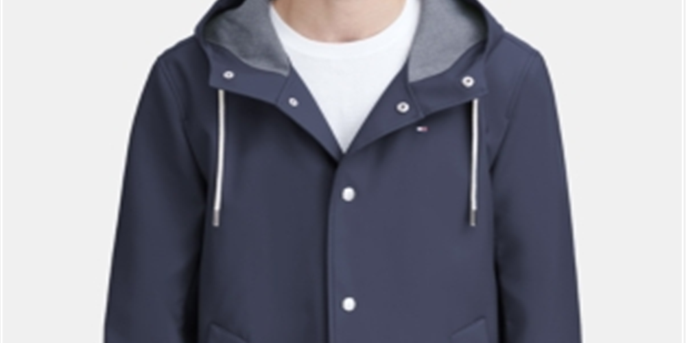 Tommy Hilfiger Masculino Emborrachado PU Comprimento Médio Com Capuz Azul Tamanho Médio