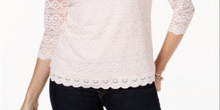 Top feminino de renda com manga 3/4 Charter Club, rosa, tamanho pequeno P