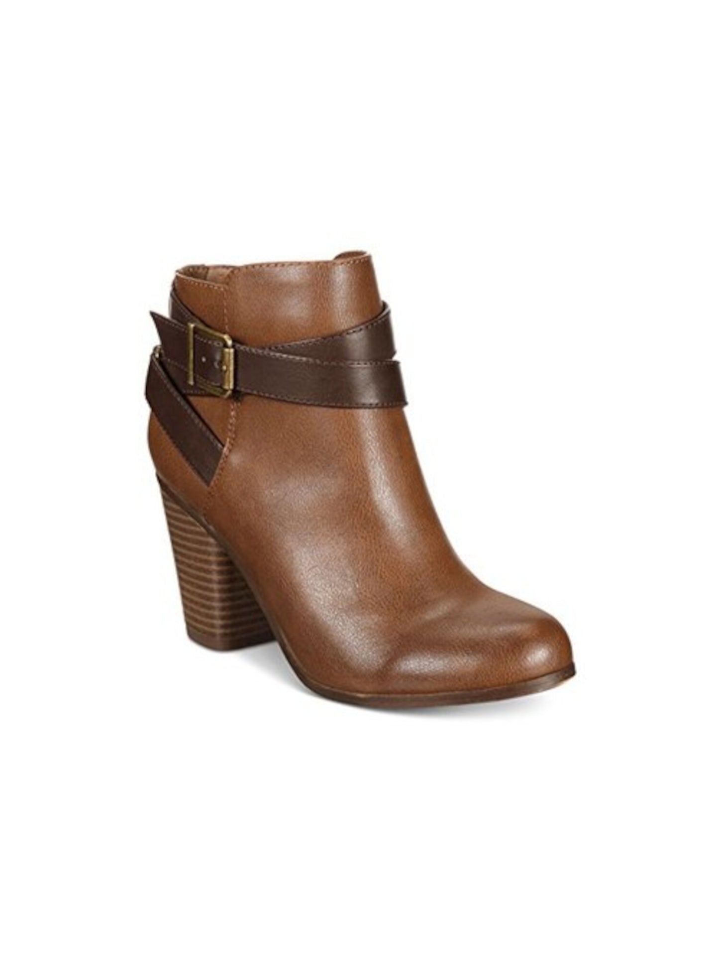 Material Girl Botas femininas com tiras acolchoadas, fivela acolchoada, bico redondo, salto bloco, zíper, marrom, tamanho 11 M