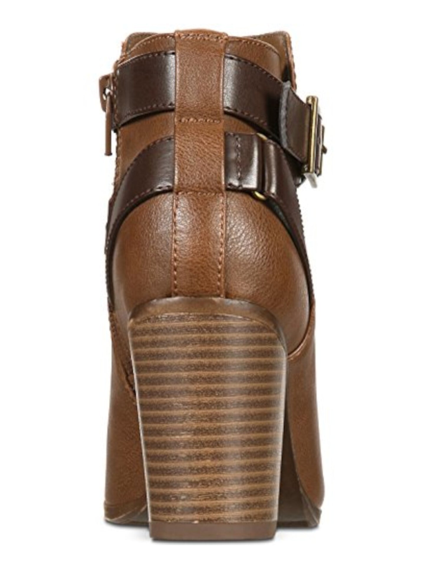 Material Girl Botas femininas com tiras acolchoadas, fivela acolchoada, bico redondo, salto bloco, zíper, marrom, tamanho 11 M
